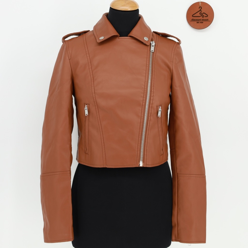 7 For All Mankind Cropped Faux Leather Biker Jacket Lined Pocketsâ Epaulets XS